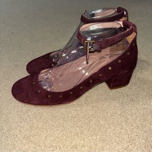 Madewell Women Inez Studded Burgundy Suede Block Heels Ankle Strap Shoes Sz 8.5
